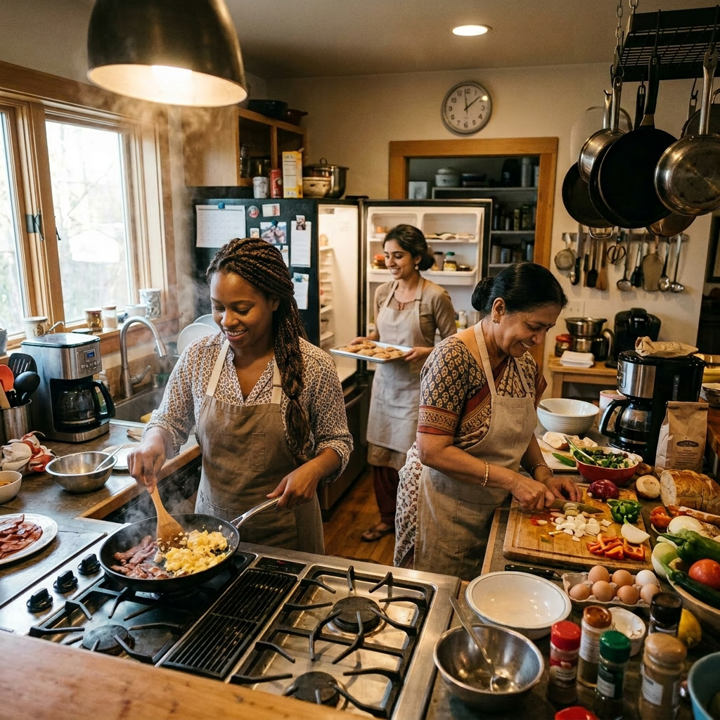 Three women cooking together in a warm kitchen with fresh ingredients and baking trays