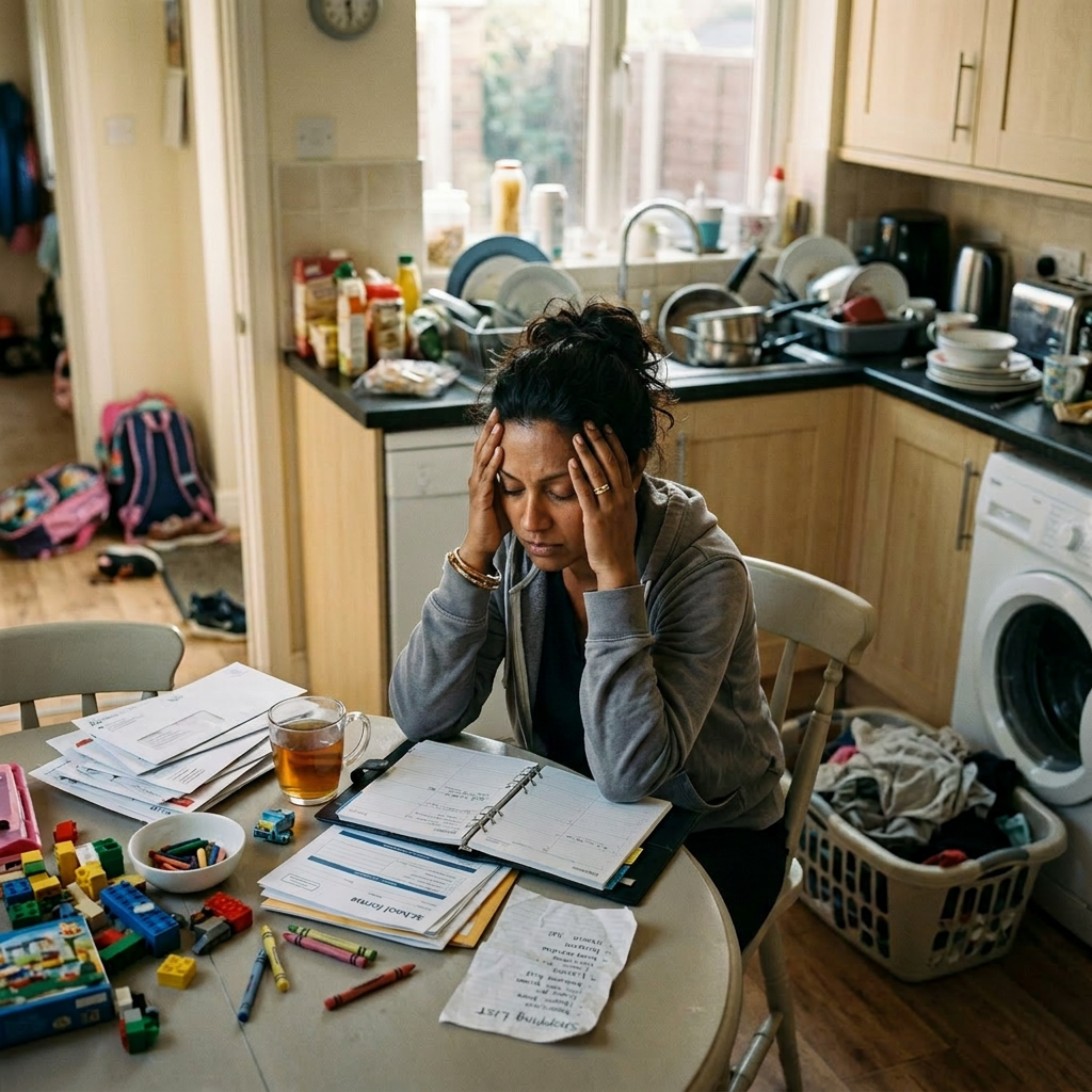 Woman sitting at kitchen table with hands on head surrounded by paperwork, children's toys, and laundry