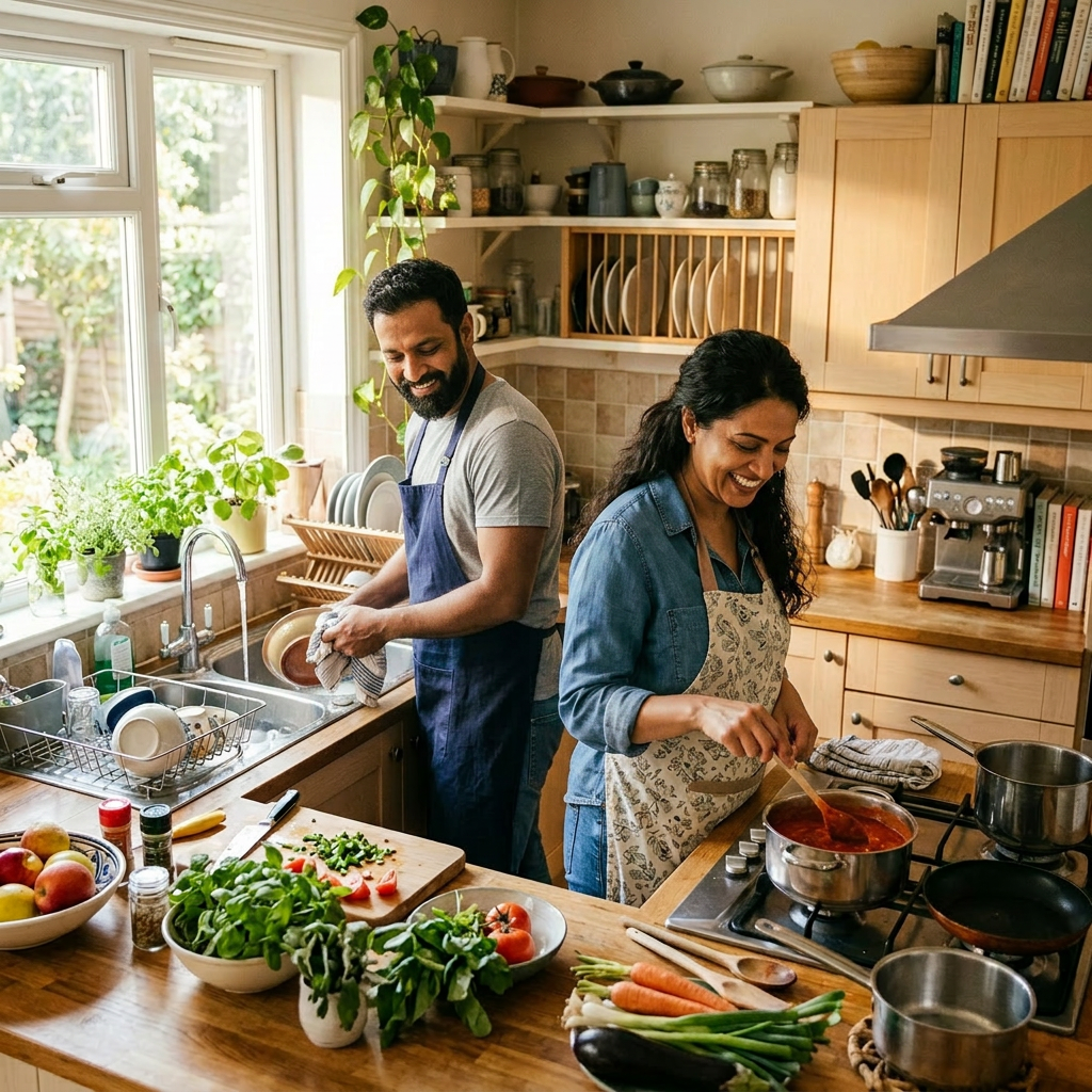 Couple cooking tomato sauce and washing dishes in kitchen